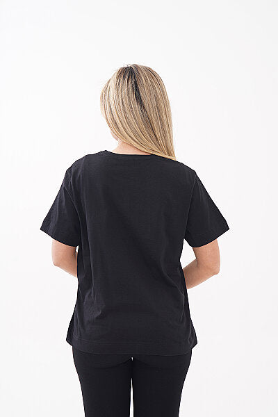 Renk: Siyah | Line Art Dal Detaylı Çiçek Baskılı Tshirt