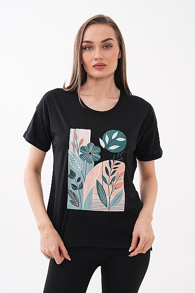 Renk: Siyah | Soyut Renk Bloklu Çiçek Bakılı Tshirt