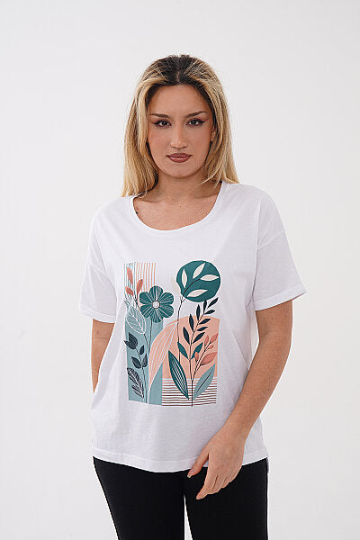 Renk: Beyaz | Soyut Renk Bloklu Çiçek Bakılı Tshirt