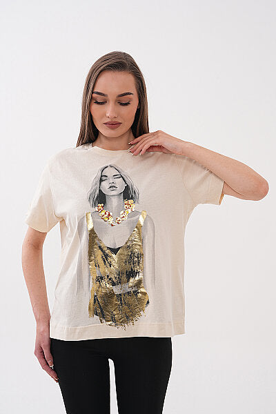 Renk: Bej | Yuvarlak Yaka Kadın Silüetli Baskılı Tshirt