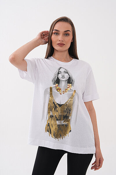 Renk: Beyaz | Yuvarlak Yaka Kadın Silüetli Baskılı Tshirt
