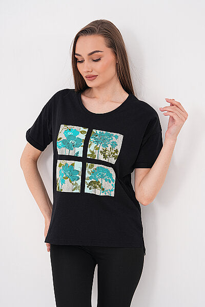 Renk: Siyah | Dört Çiçek Blok Baskılı Tshirt