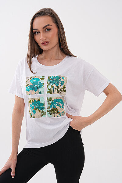 Renk: Beyaz | Dört Çiçek Blok Baskılı Tshirt