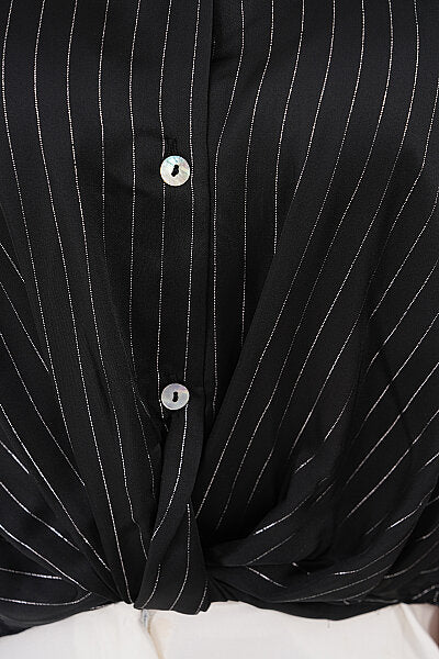 Renk: Siyah | T8005 Önü Büzgülü Çizgili Saten Gömlek