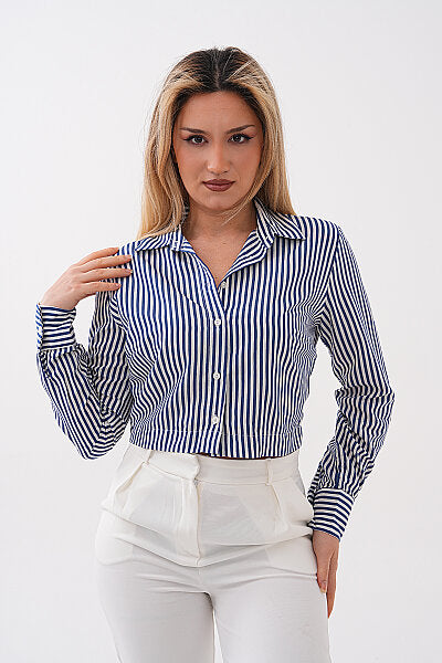Renk: Lacivert | T8009 Çizgili Crop Gömlek