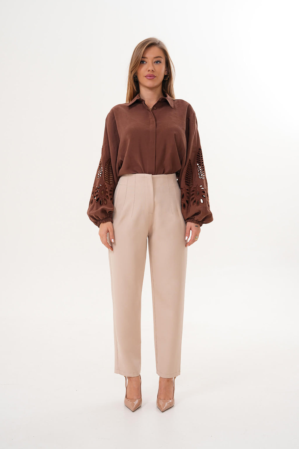 Renk: Bej | Yüksek Bel Dikiş Detaylı Crop Fit Pantolon