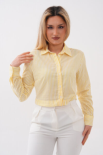 Renk: Sarı | T8009 Çizgili Crop Gömlek