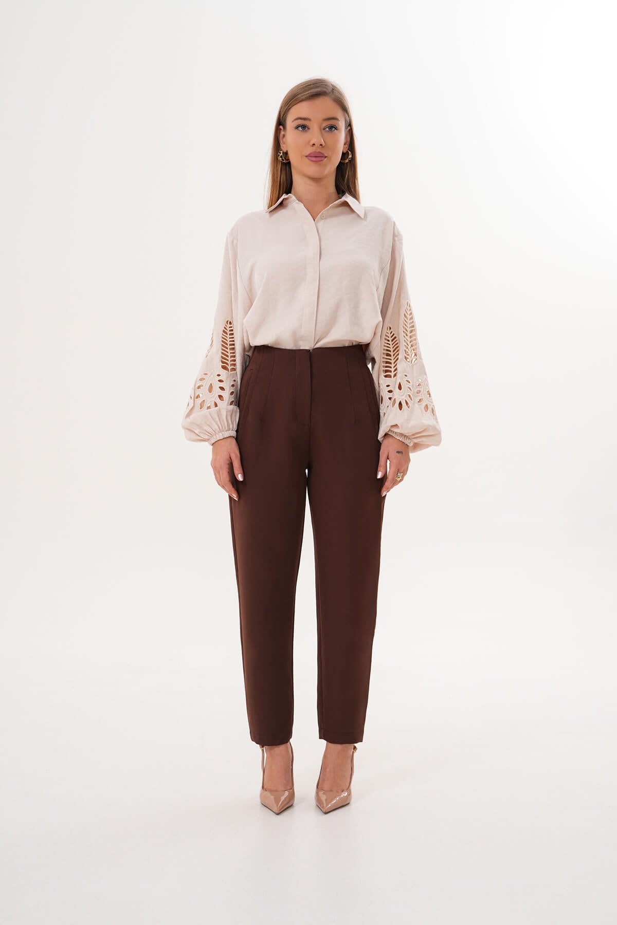 Renk: Kahverengi | Yüksek Bel Dikiş Detaylı Crop Fit Pantolon