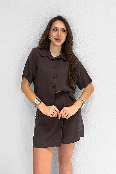 Renk: Kahverengi | Kısa Kollu Tencel Gömlek