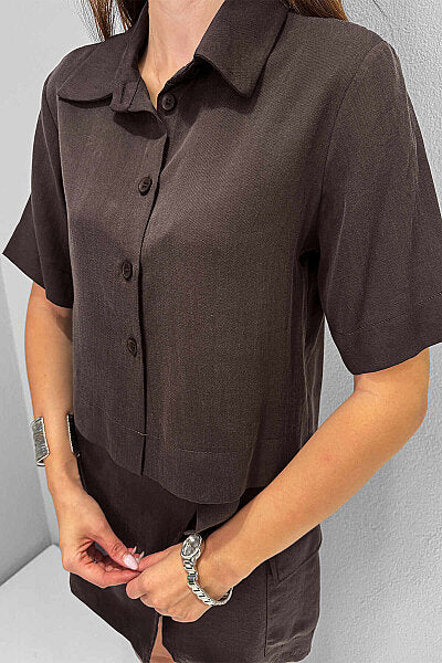 Renk: Kahverengi | Kısa Kollu Tencel Gömlek