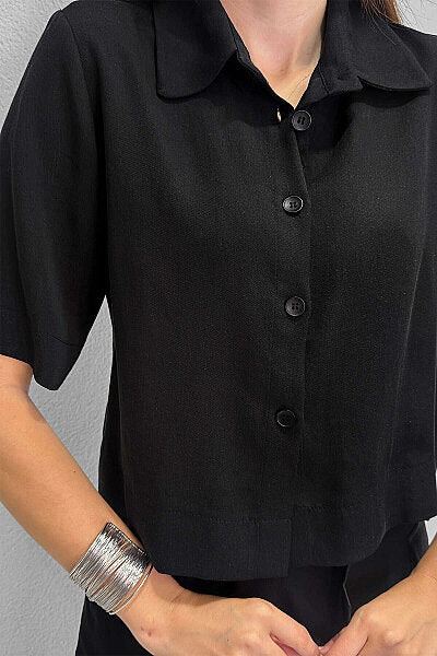 Renk: Siyah | Kısa Kollu Tencel Gömlek