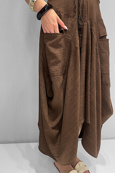 Renk: Kahverengi | Lastikli Kordonlu Batik Elbise