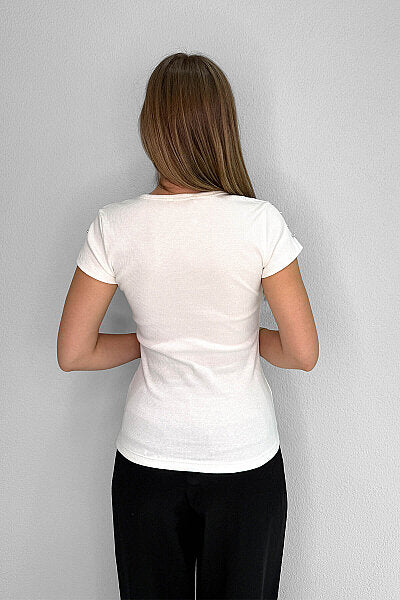 Renk: Ekru | Taş Detaylı Slim Fit T-Shirt