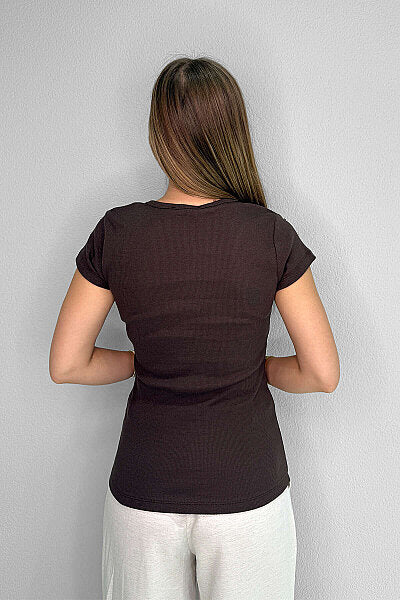 Renk: Kahverengi | Taş Detaylı Slim Fit T-Shirt