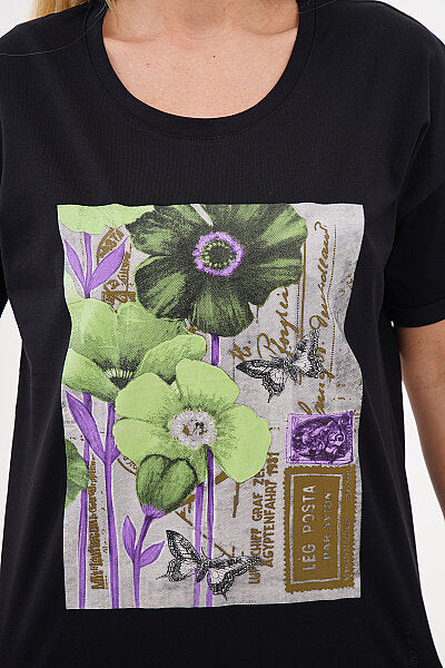Renk: Siyah | Vintage Çiçek ve Kelebek Baskılı Tshirt