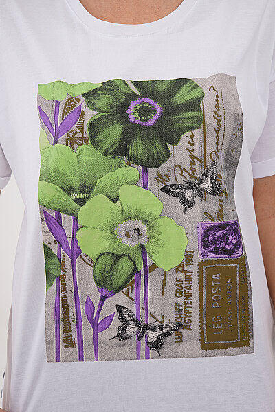 Renk: Beyaz | Vintage Çiçek ve Kelebek Baskılı Tshirt