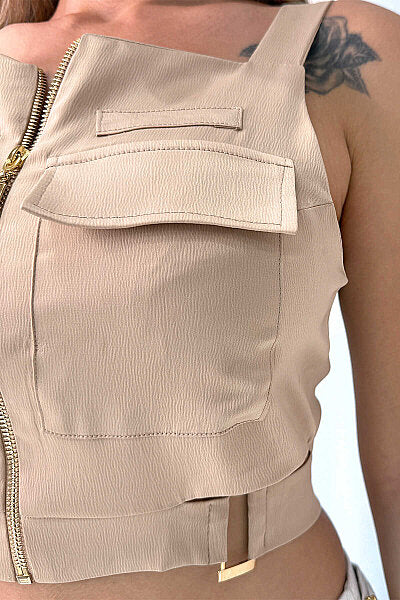Renk: Bej | Cepli Bel Kemerli Saten Crop