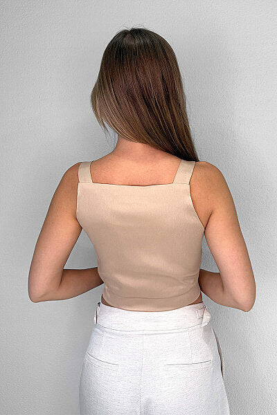 Renk: Bej | Cepli Bel Kemerli Saten Crop