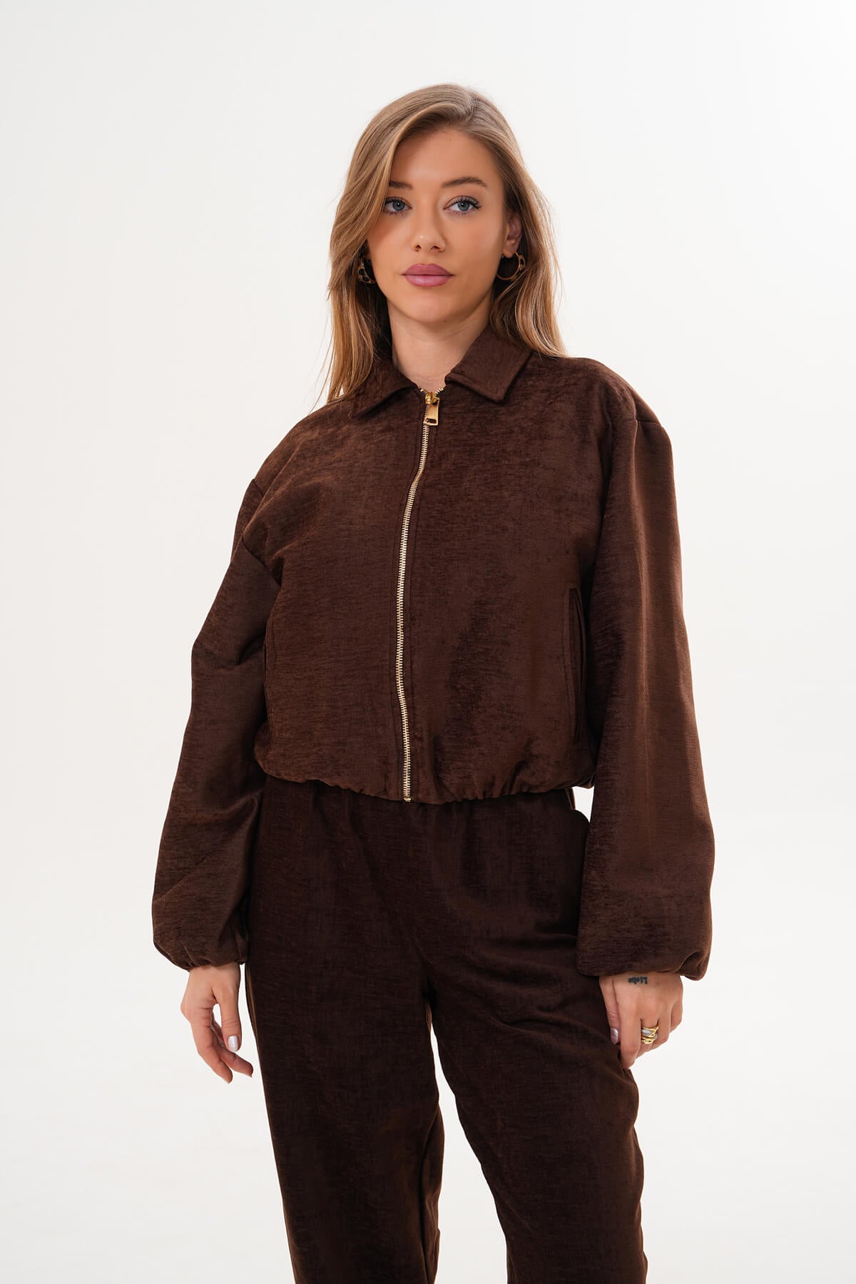Renk: Kahverengi | Fermuarlı Crop Mont