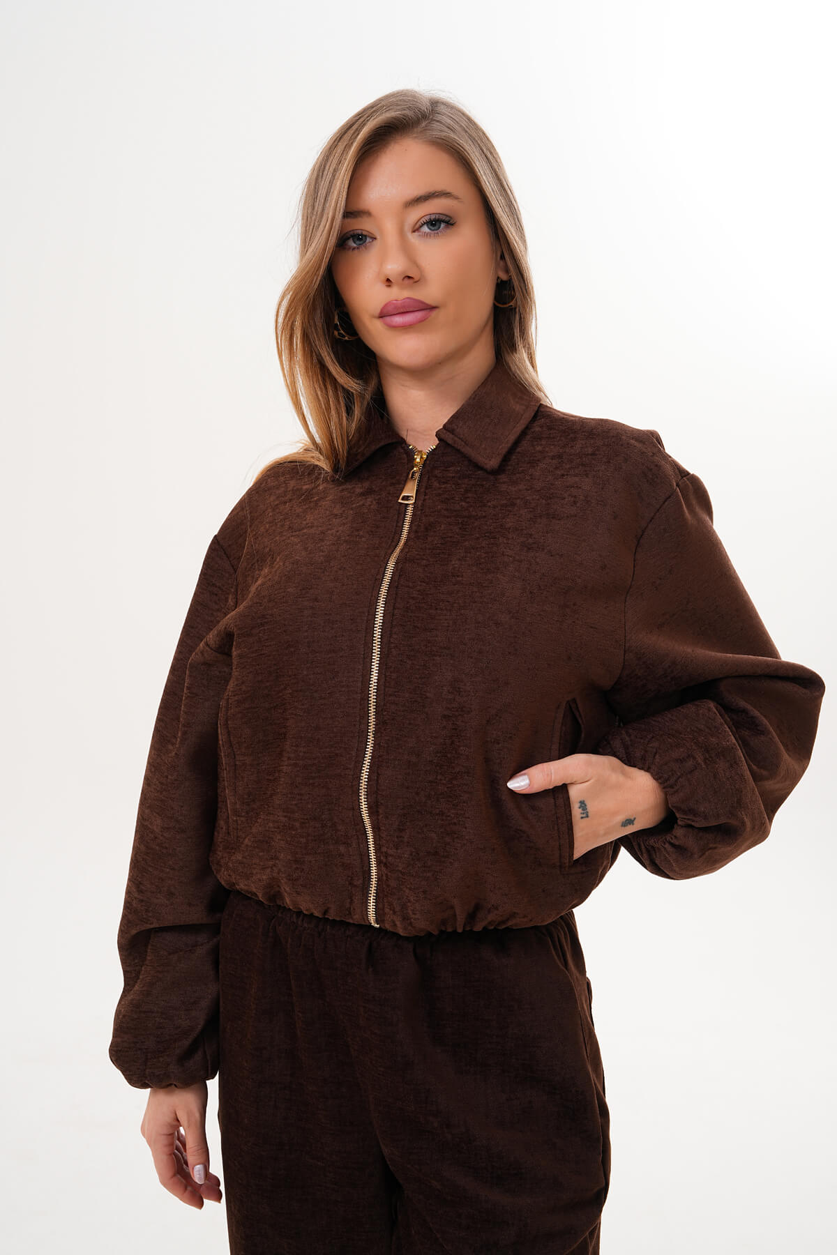 Renk: Kahverengi | Fermuarlı Crop Mont