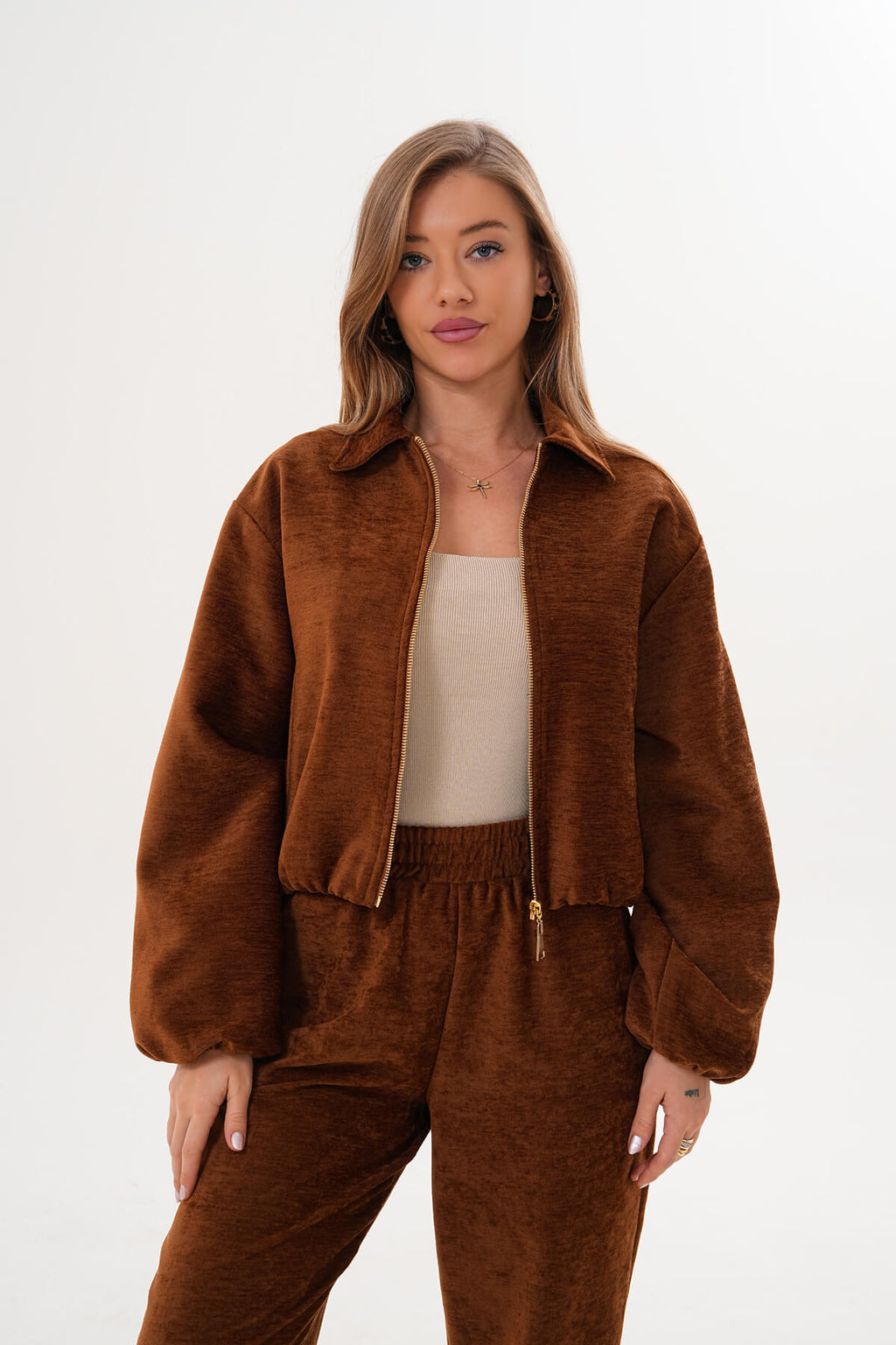 Renk: Taba | Fermuarlı Crop Mont