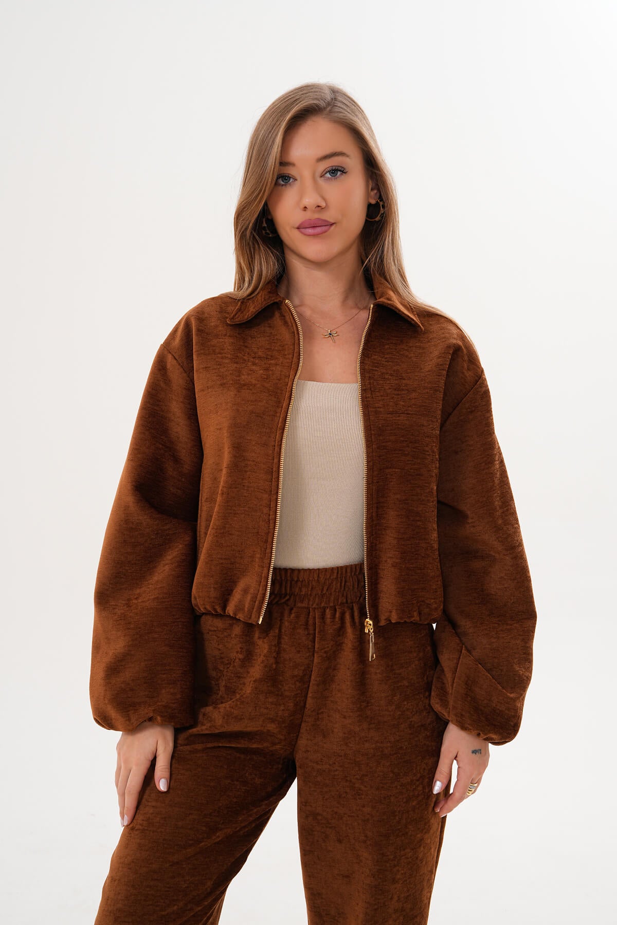 Renk: Taba | Fermuarlı Crop Mont