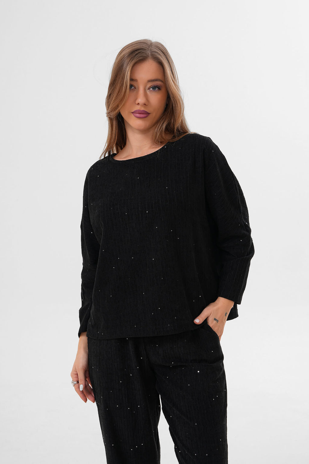 Renk: Siyah | Kadife Pullu Bluz