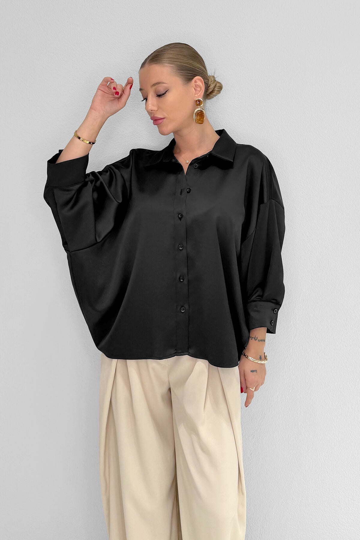 M2103 Oversize Saten Gömlek