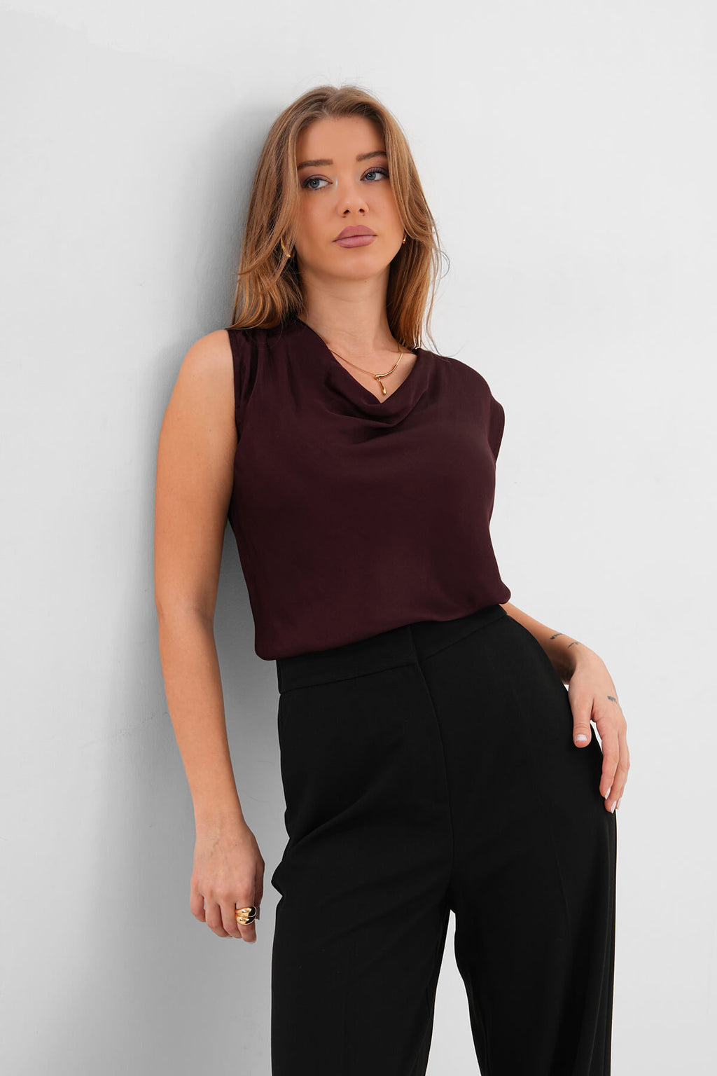 Renk: Kahverengi | Drape Yaka Bluz