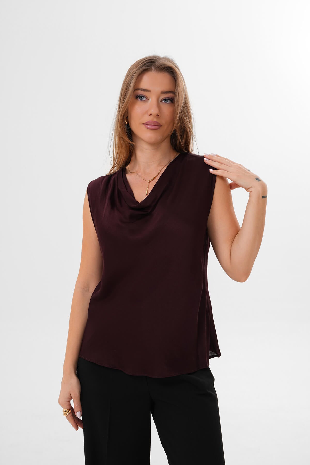 Renk: Kahverengi | Drape Yaka Bluz