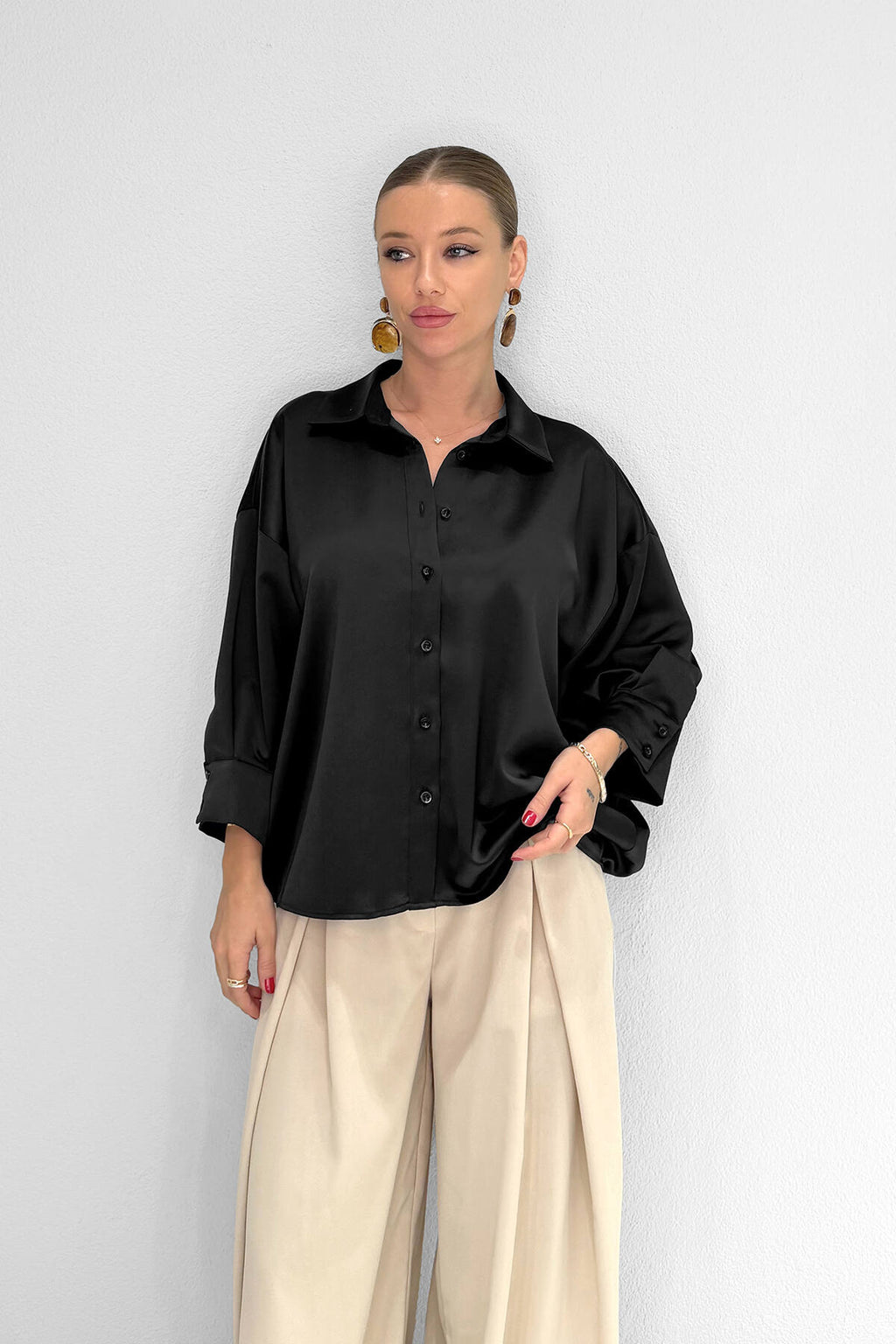 M2103 Oversize Saten Gömlek