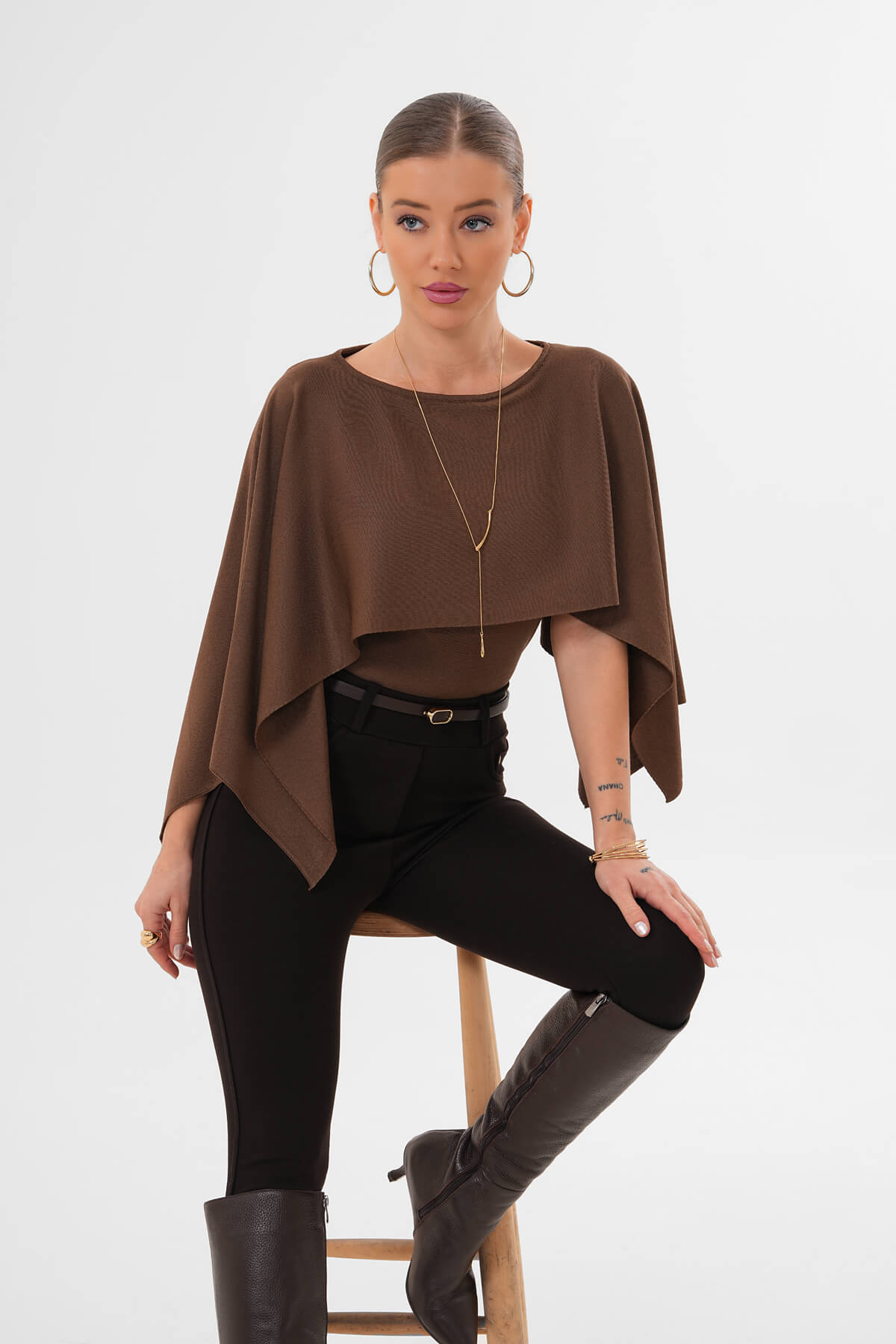 Renk: Kahverengi | Şal Model Triko Bluz