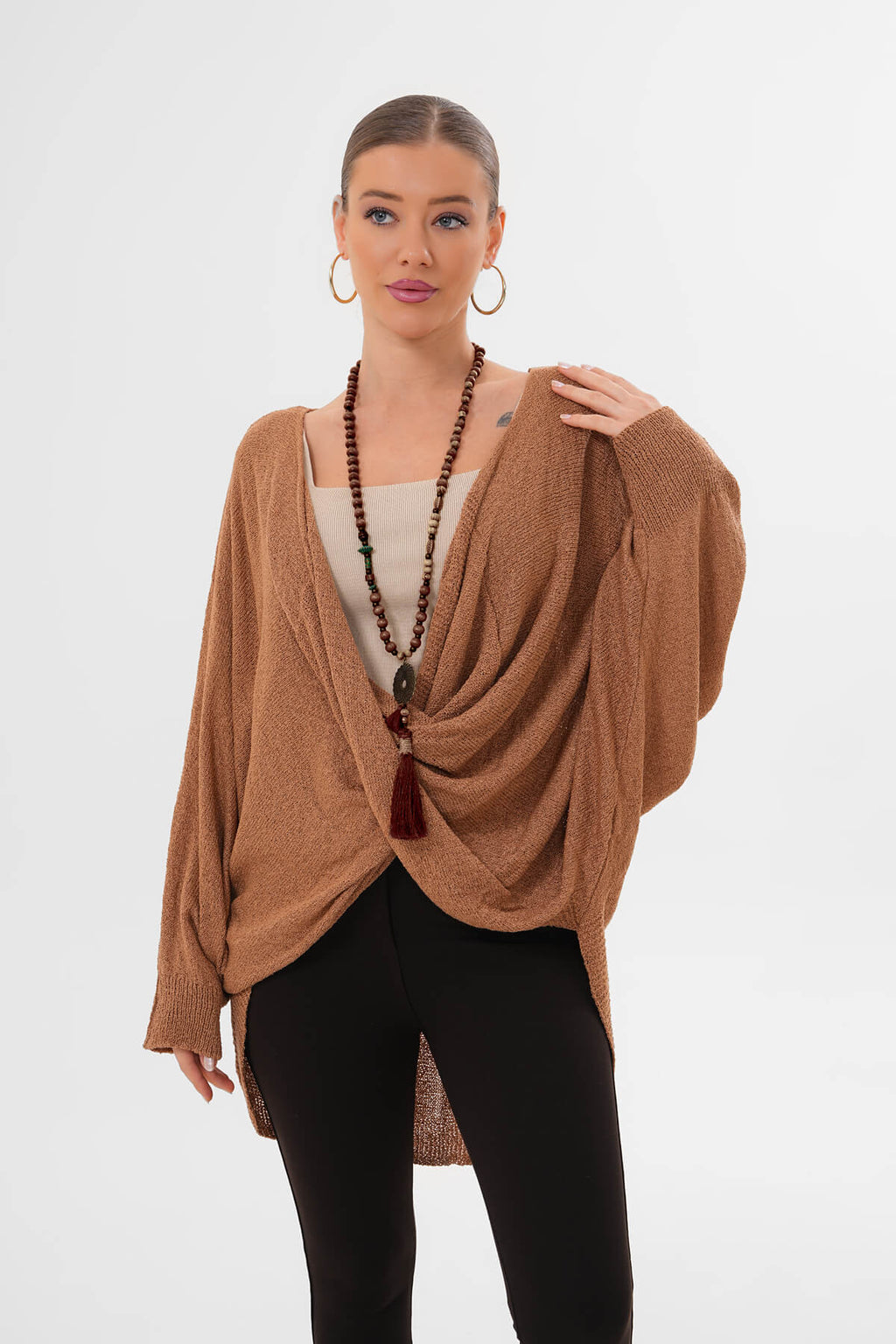 Renk: Camel | Çapraz Drapeli Triko Bluz