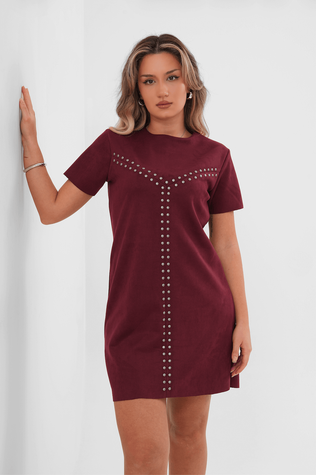 Renk: Bordo | Metal Süs Detaylı Süet Mini Elbise