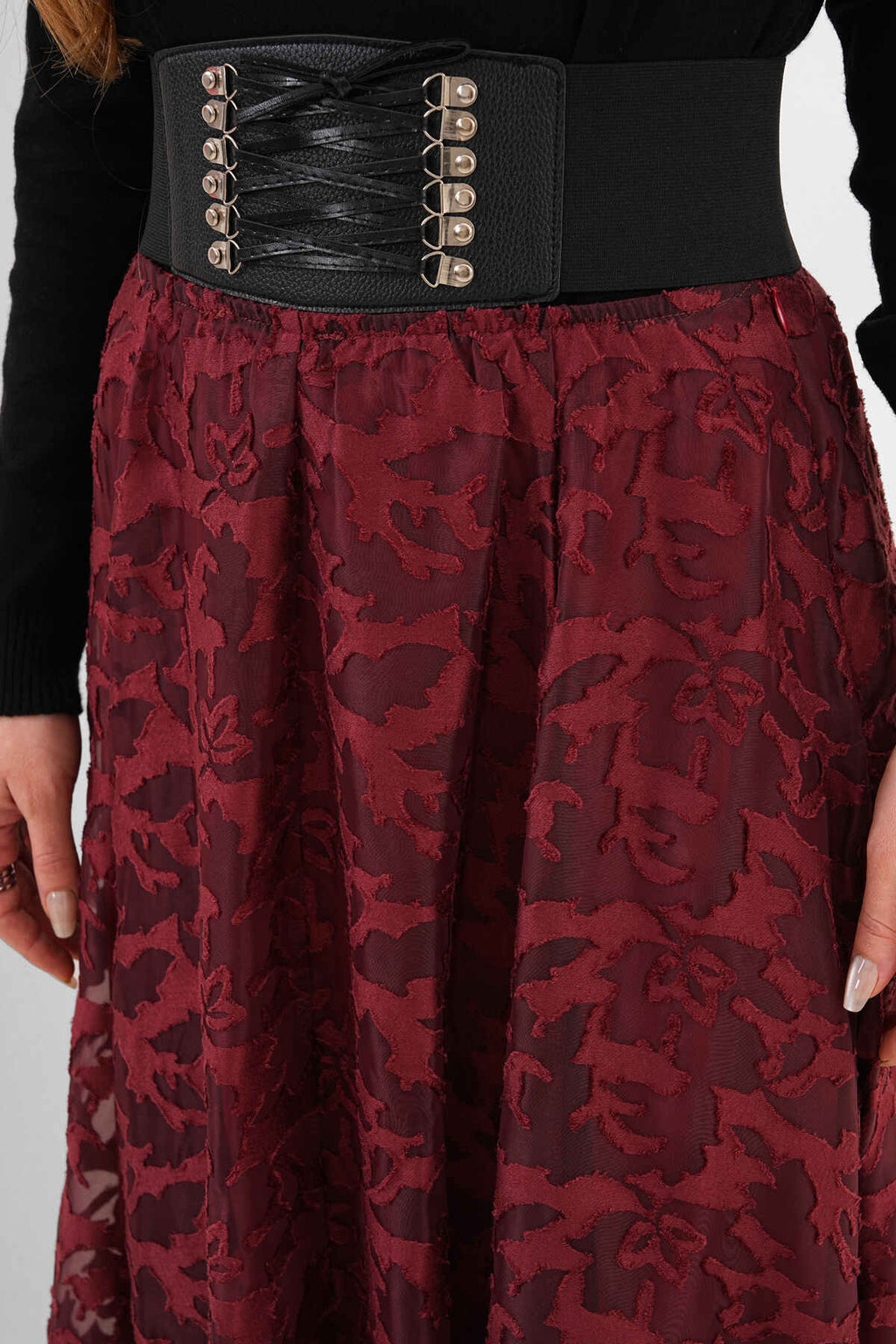 Renk: Bordo | Desenli Yakma Etek