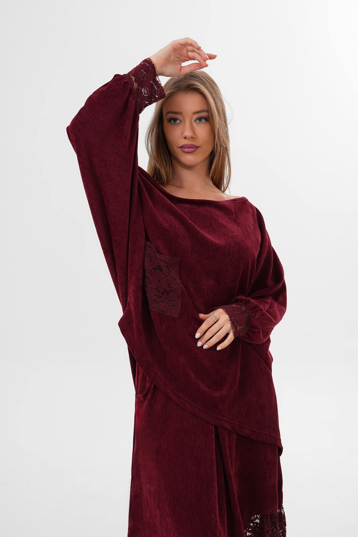 Renk: Bordo | Dantel Detaylı Bluz