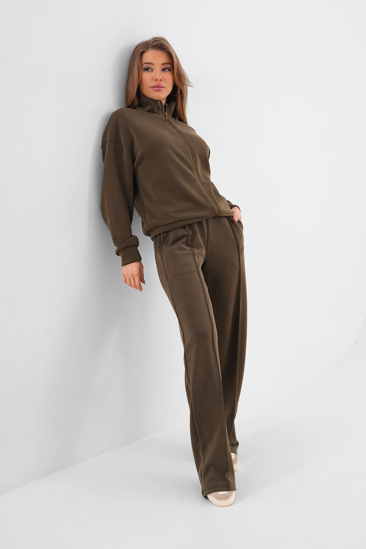 Renk: Haki | Dik Yaka Sweatshirt