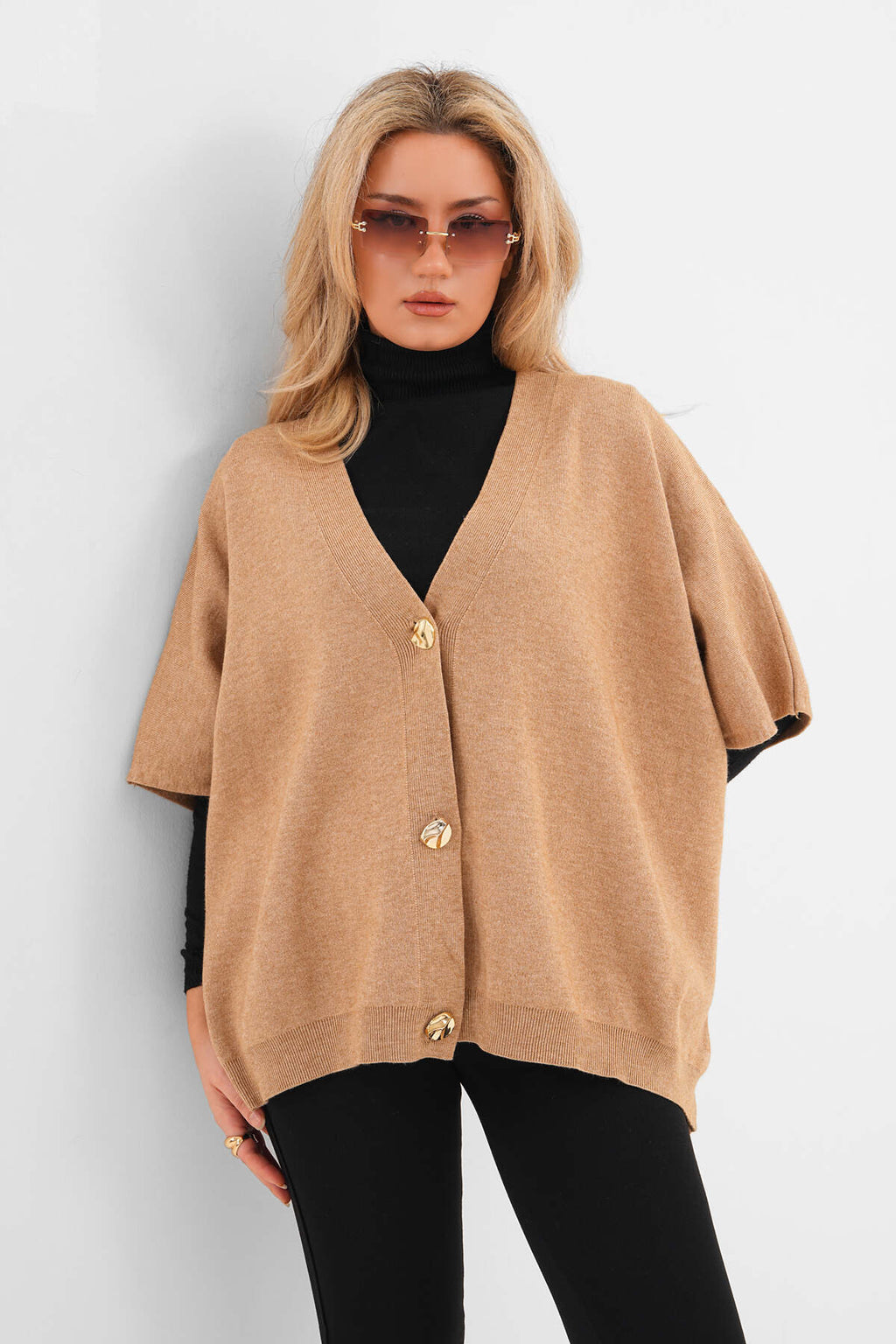 Renk: Vizon | Oversize Triko Hırka