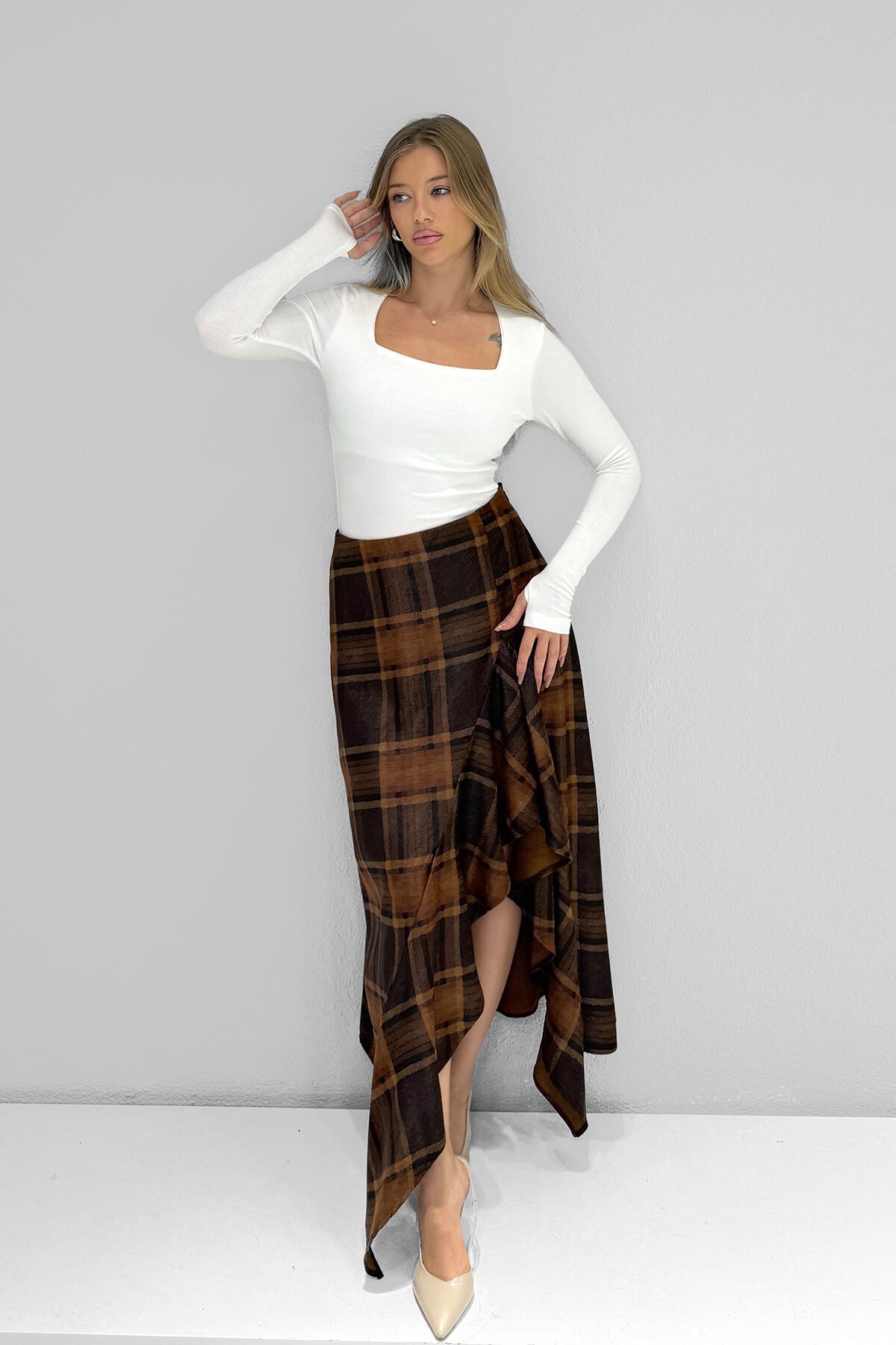 M2113 Ön Drape Detaylı Etek Ekose