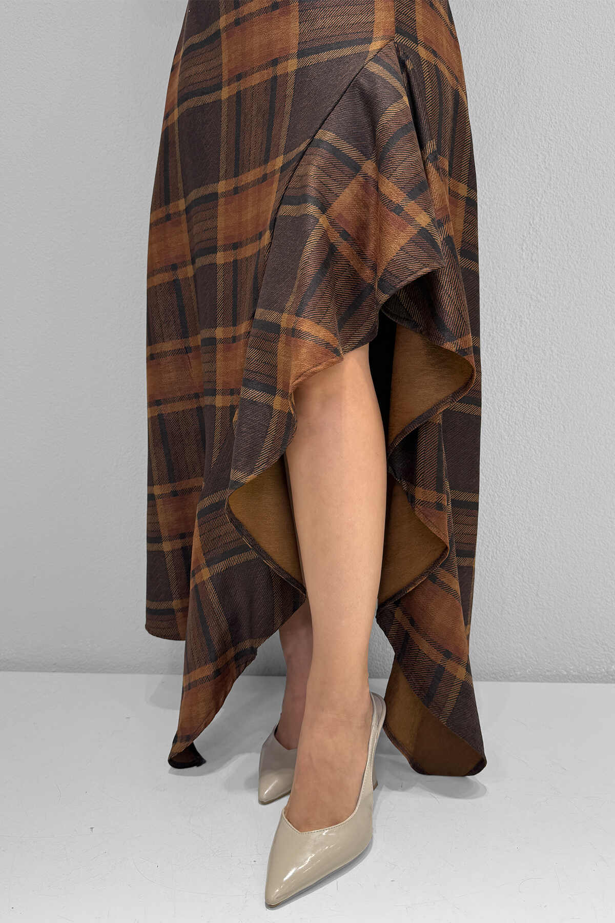 M2113 Ön Drape Detaylı Etek Ekose