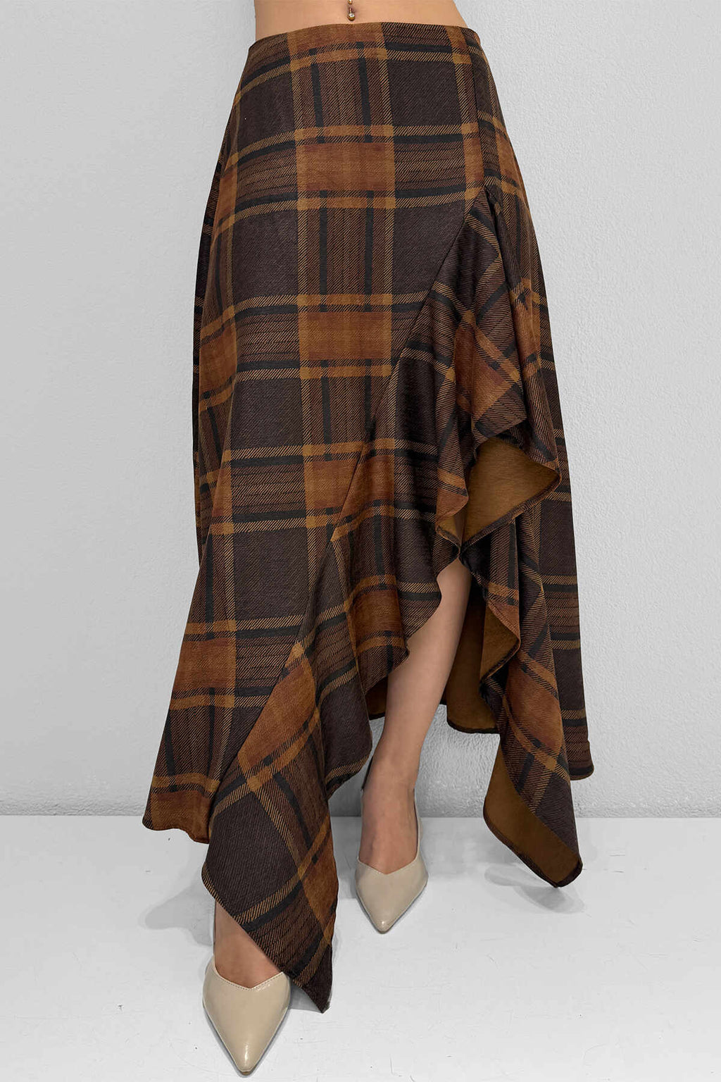 M2113 Ön Drape Detaylı Etek Ekose