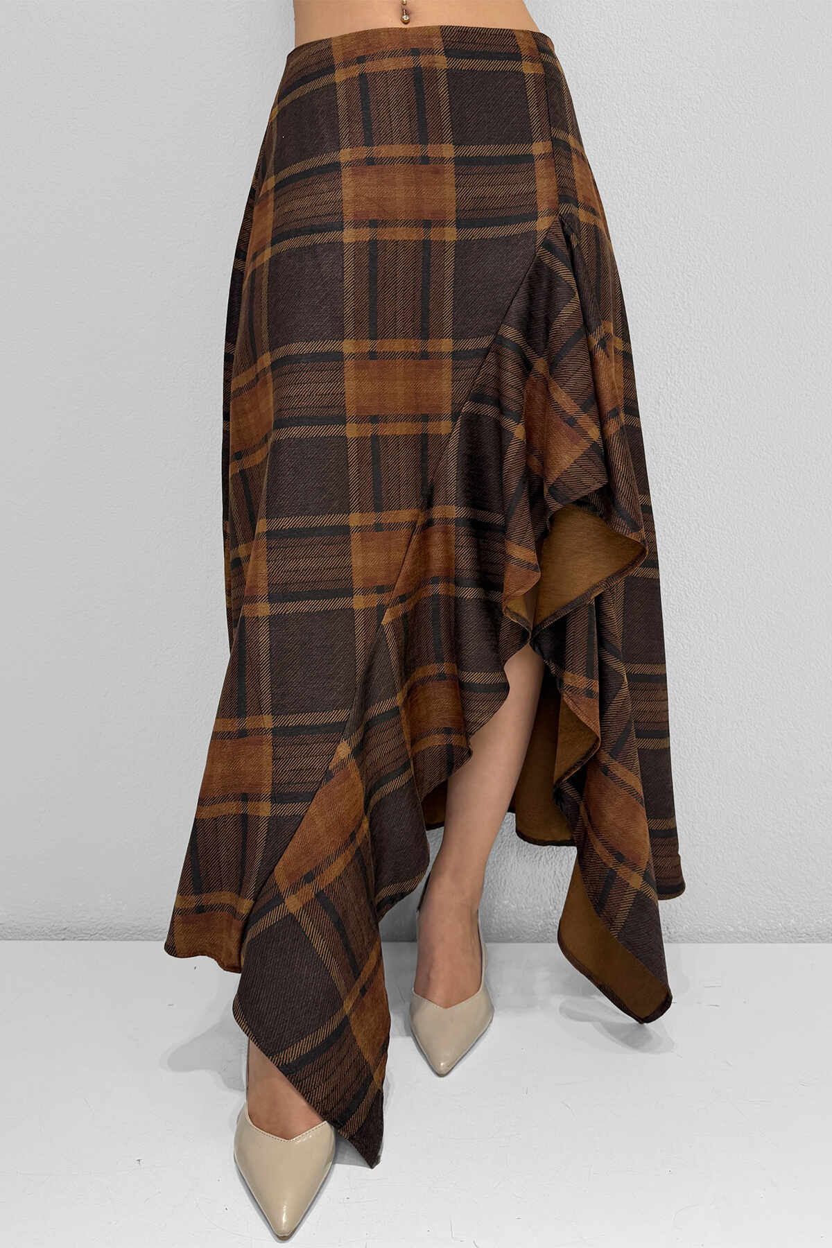 M2113 Ön Drape Detaylı Etek Ekose