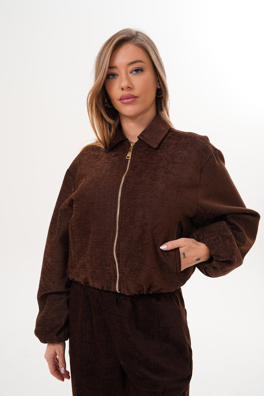 Renk: Kahverengi | Fermuarlı Crop Mont