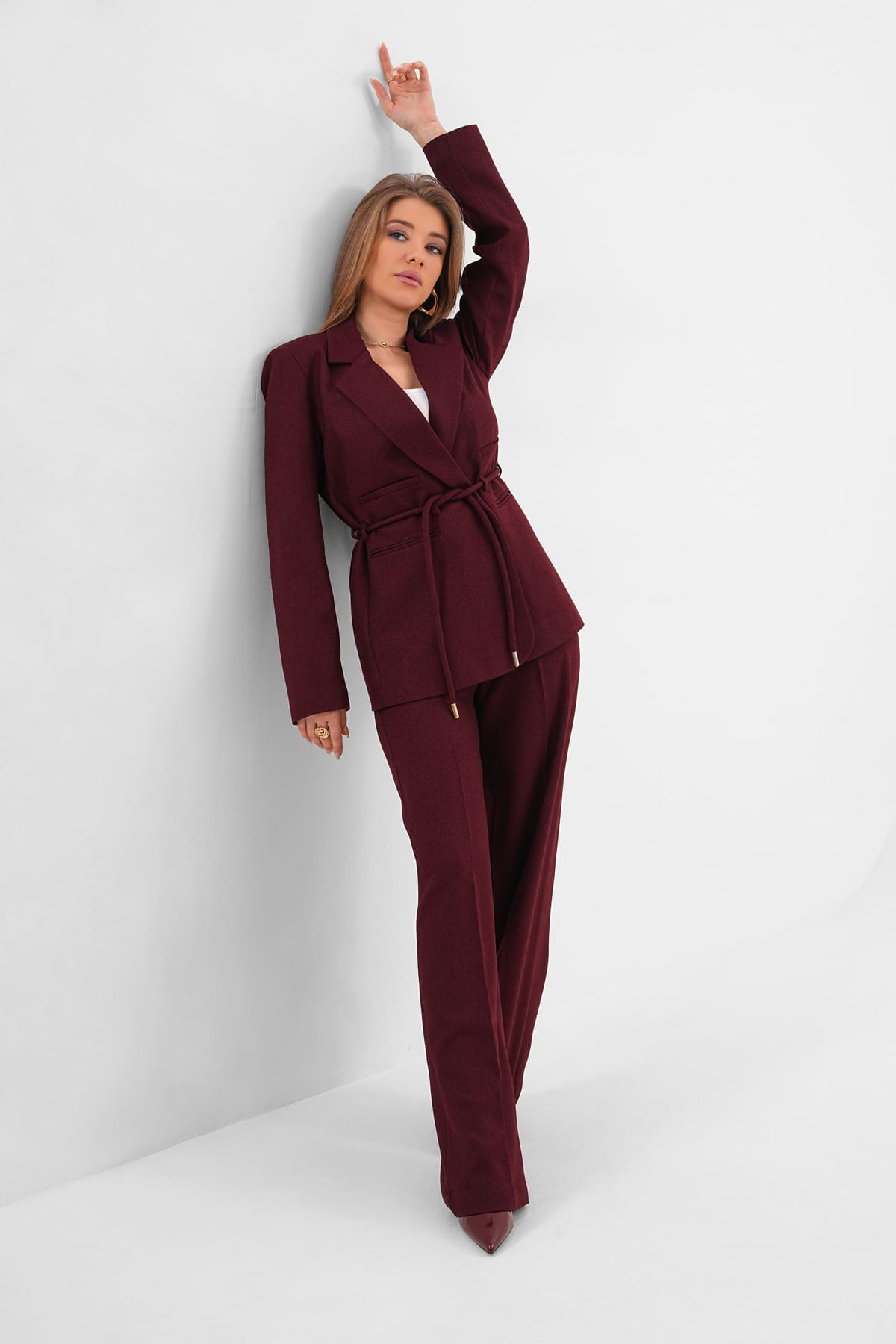 Renk: Bordo | Kuşaklı Vatkalı Blazer Ceket
