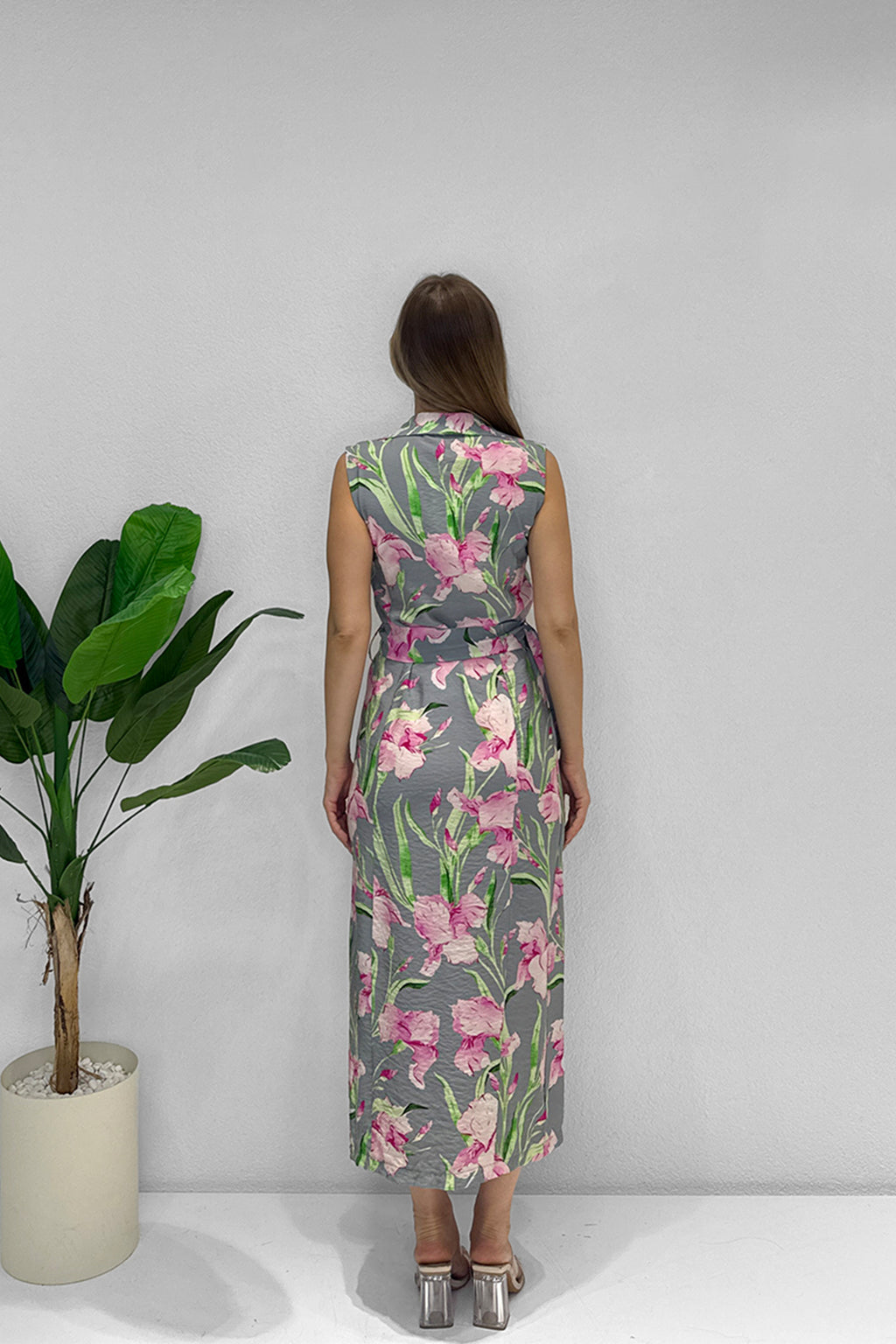 Renk: Pembe Çiçekli | Çiçek Desenli Kemerli Midi Elbise