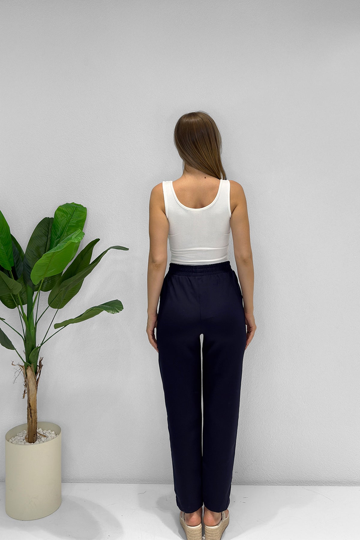 Renk: Lacivert | Bağcıklı Beli Lastikli Pantolon