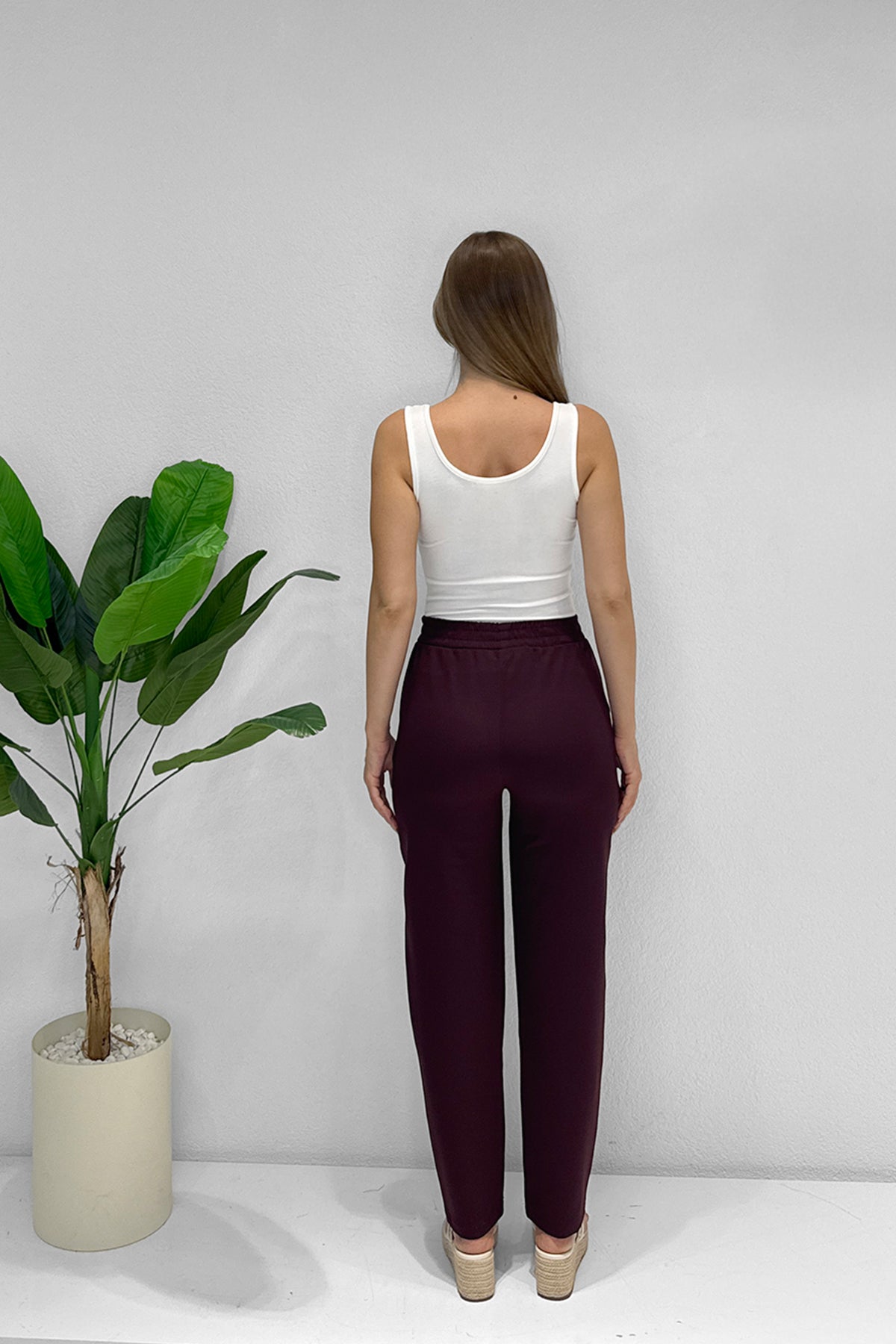 Renk: Mürdüm | Bağcıklı Beli Lastikli Pantolon