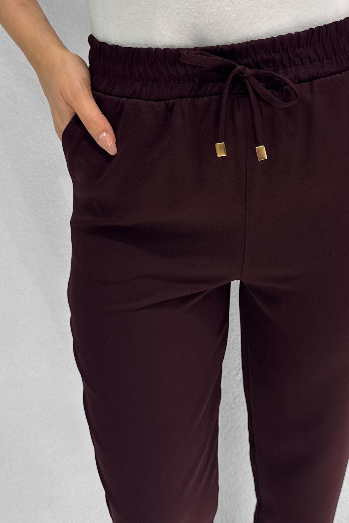 Renk: Mürdüm | Bağcıklı Beli Lastikli Pantolon