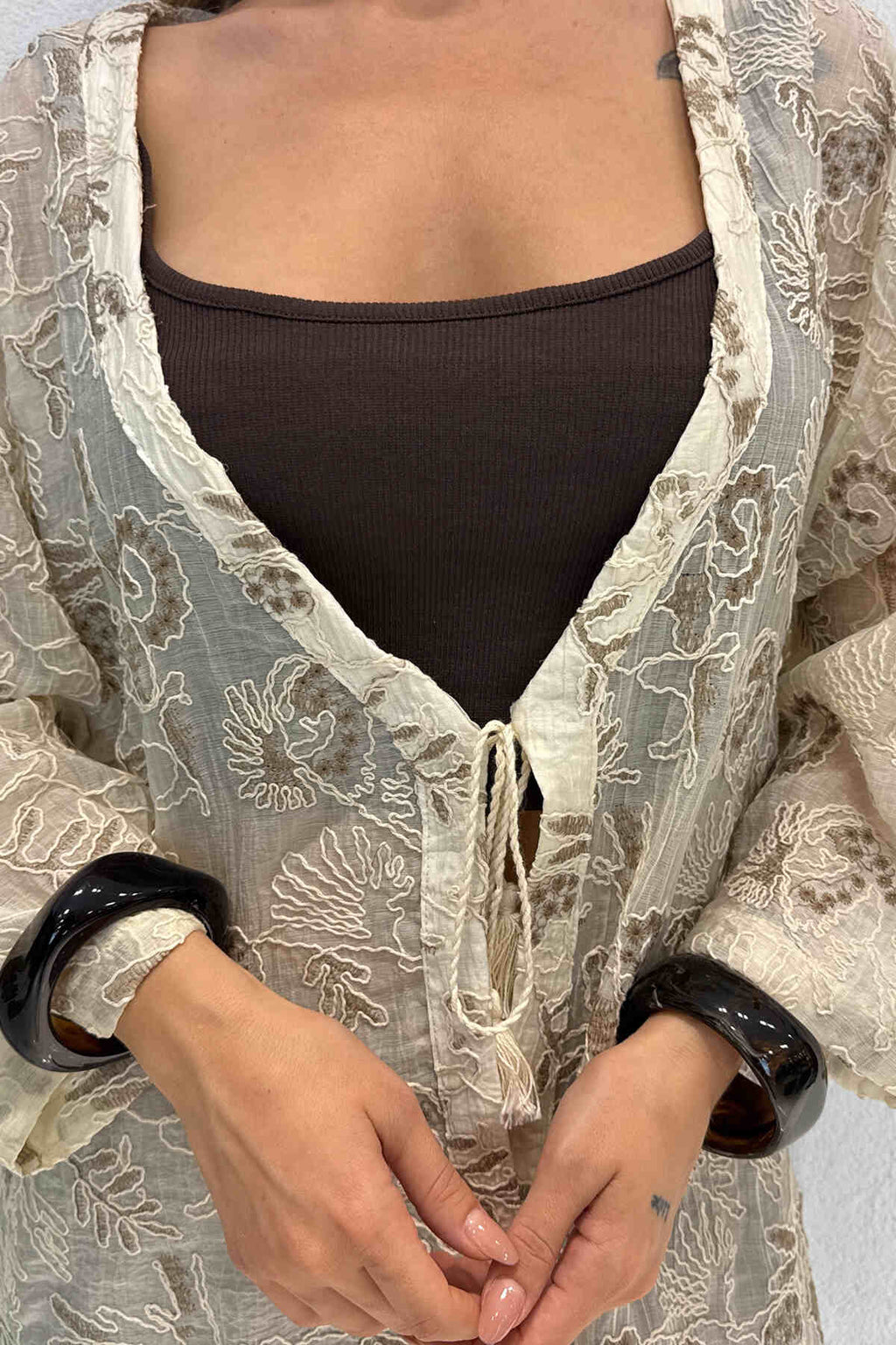 Renk: Kahverengi | Nakış Detaylı Kimono
