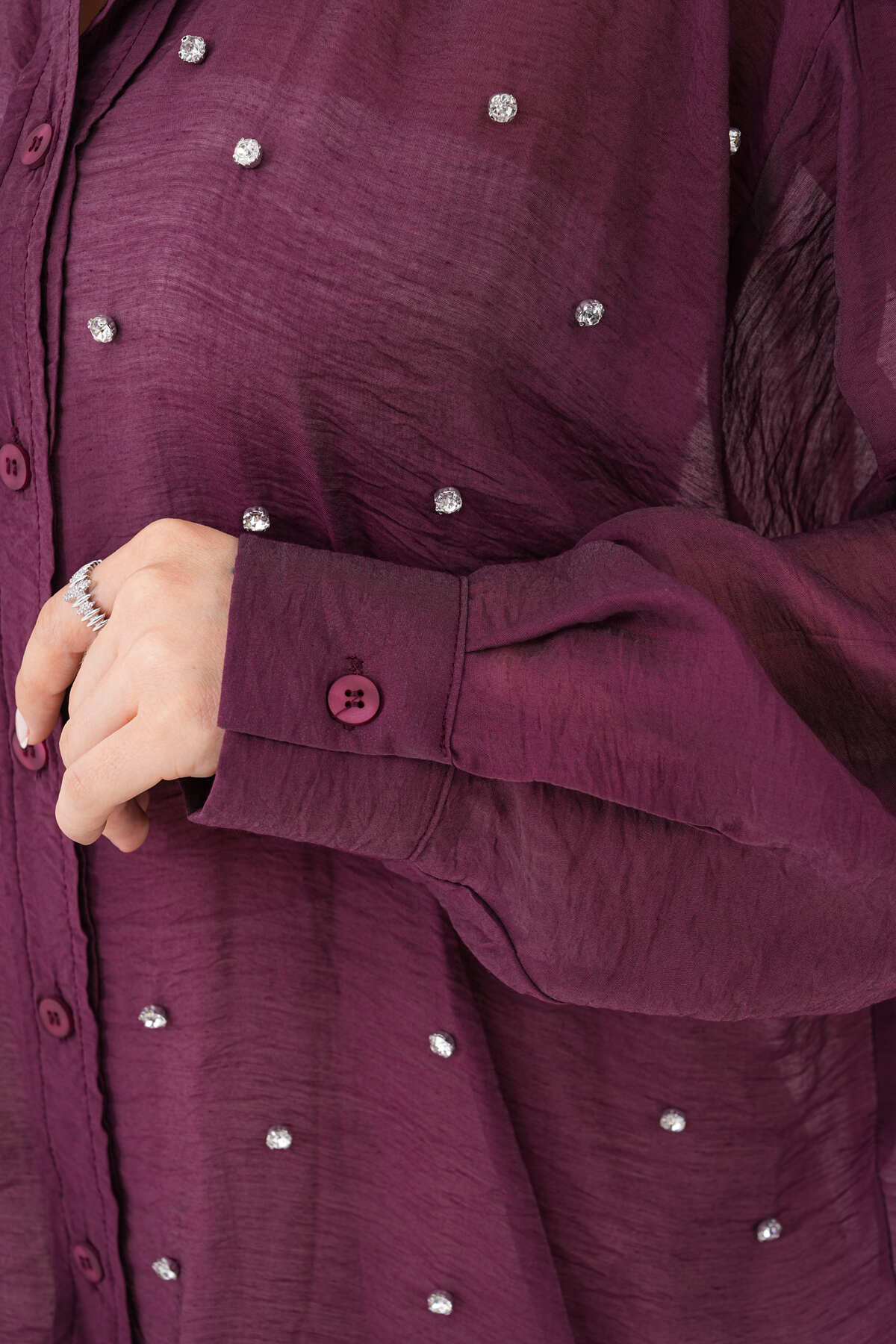 Renk: Mürdüm | Taşlı Oversize Gömlek